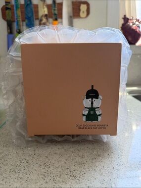 Starbucks Bearista Bear 25oz Glass Cold Cup Black Cap LOC ’26 NIB